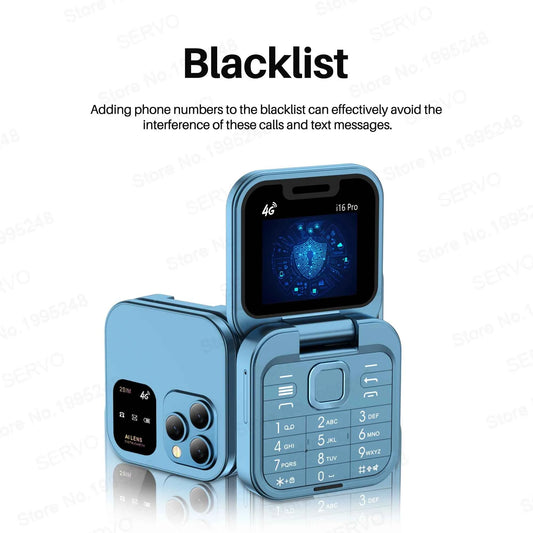SERVO i16 Pro 4G Mini Flip Phone – Dual SIM, Call Recording, Speed Dial, FM Radio, Blacklist