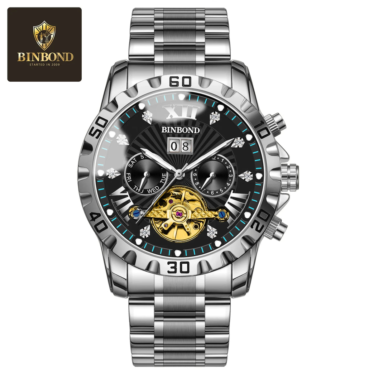 BINBOND Fashion Automatic Mechanical Watch for Men Luxury Tourbillon Skeleton Wristwatch Stainless Steel Waterproof Man Watch