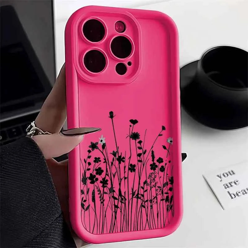 Black Flower Silicone Phone Case – Fits iPhone 7 to 16 Pro Max, XR, X, XS, SE – Soft Protective Cover