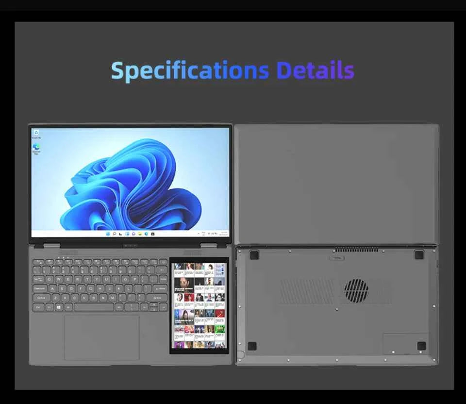NWNLAP Dual Screen Laptop – 15.6" IPS + 7" Touch Screen, Intel N95/N100, 16GB RAM, Up to 2TB SSD, Windows 11, Face ID