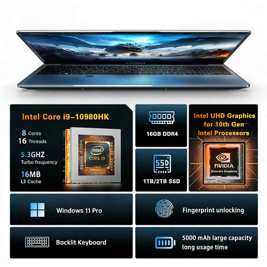 2026 15.6 Inch Intel Core I9 10980HK Gaming Laptop 16GB RAM 1TB SSD Windows 11 Pro Portable Notebook PC for Office Study Gamer