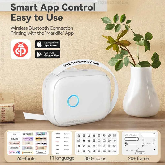 Thermal Label Printer P12 Mini Portable Label Maker Wireless Bluetooth Handheld Continuous Label Machine or 2PK P12 Label Paper