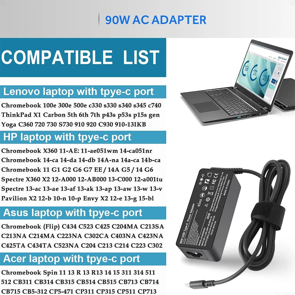 90W USB-C Charger for HP Spectre X360 Dell TDK33 Lenovo ThinkPad T480 T480s T580 T580s IdeaPad Yoga Laptop Power Adapter Supply