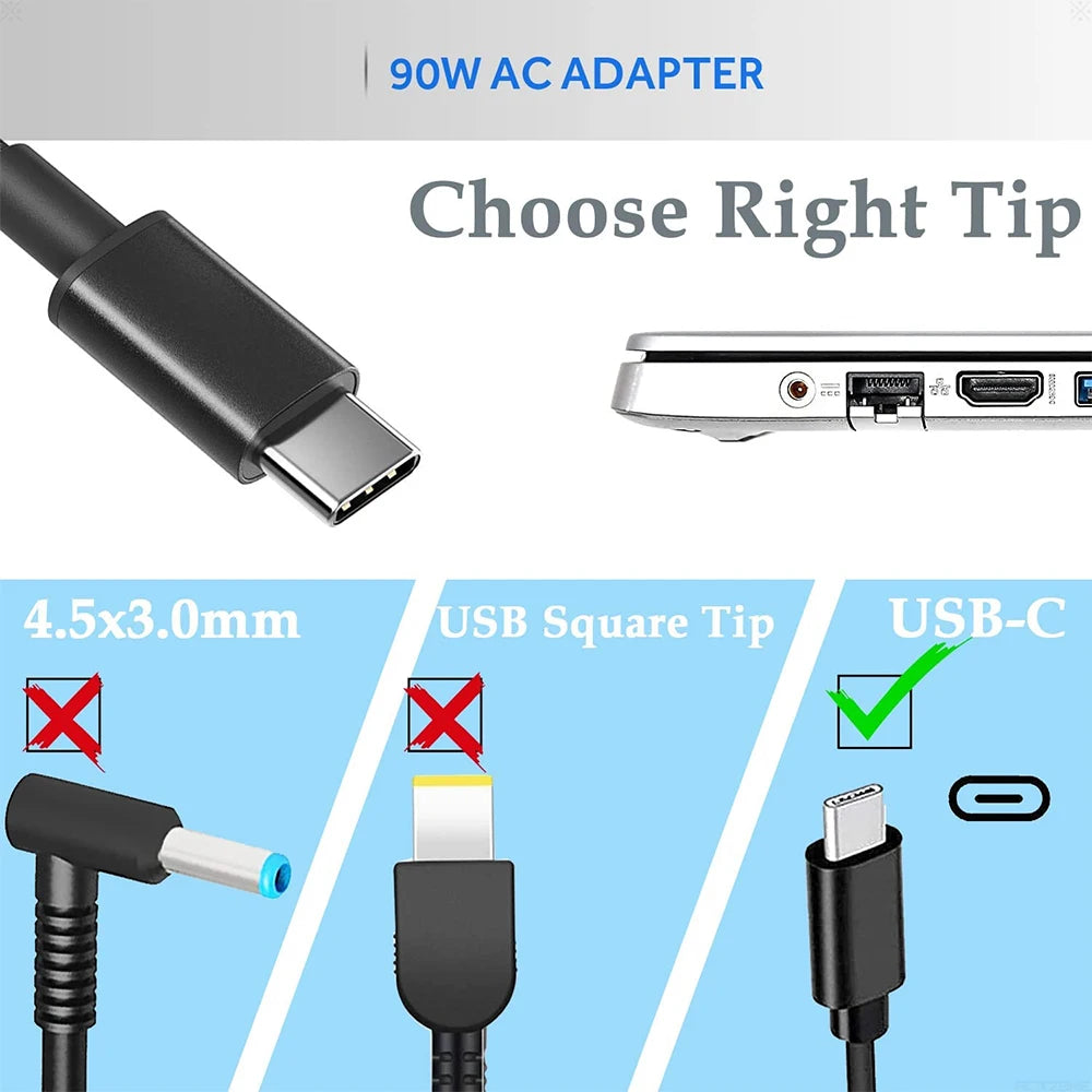 90W USB-C Charger for HP Spectre X360 Dell TDK33 Lenovo ThinkPad T480 T480s T580 T580s IdeaPad Yoga Laptop Power Adapter Supply