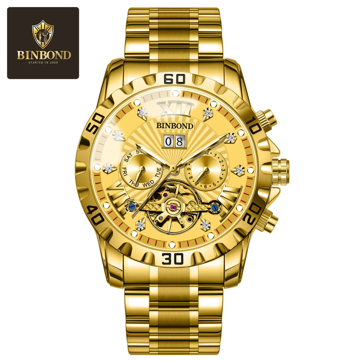 BINBOND Fashion Automatic Mechanical Watch for Men Luxury Tourbillon Skeleton Wristwatch Stainless Steel Waterproof Man Watch