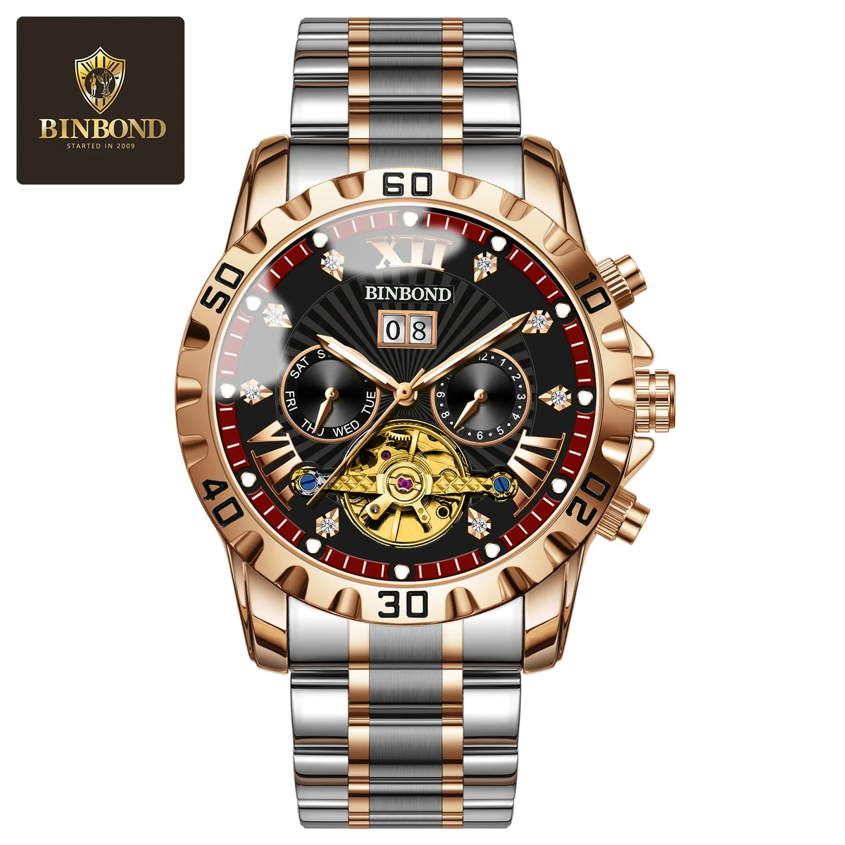 BINBOND Fashion Automatic Mechanical Watch for Men Luxury Tourbillon Skeleton Wristwatch Stainless Steel Waterproof Man Watch