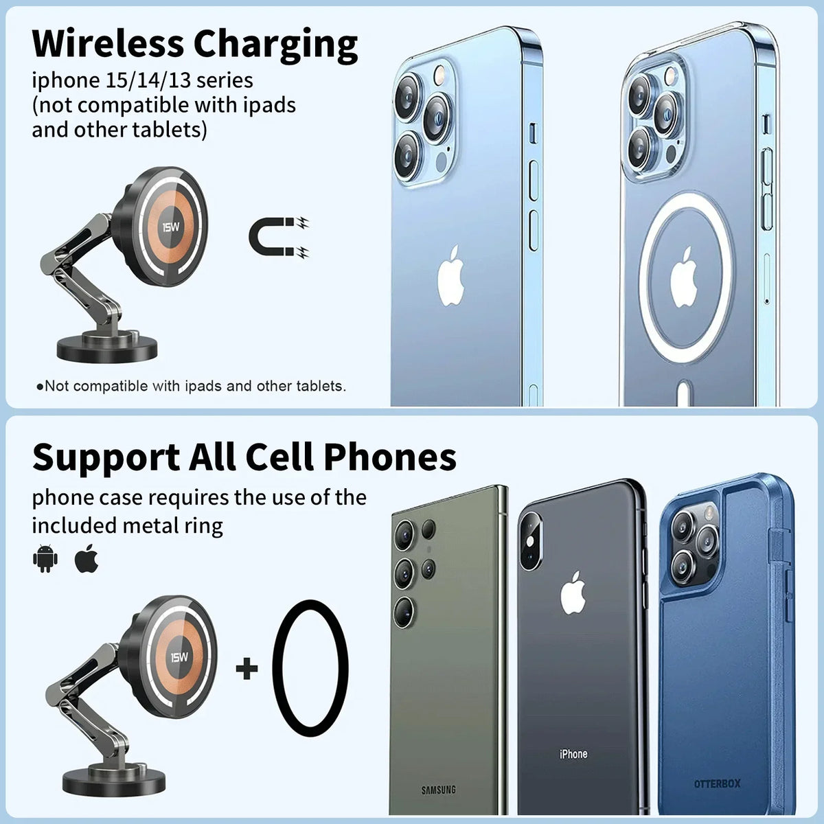 15W Magnetic Wireless Car Charger Mount for iPhone 16 15 14 13 12