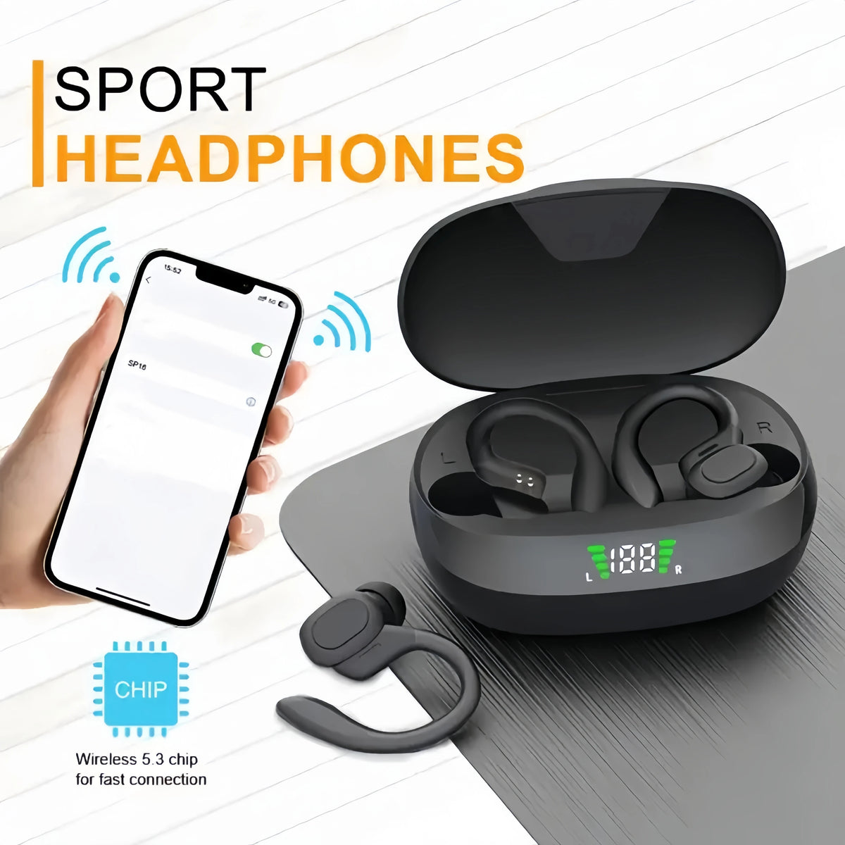 True Wireless Sports Ear Clip Headphones with LED Display