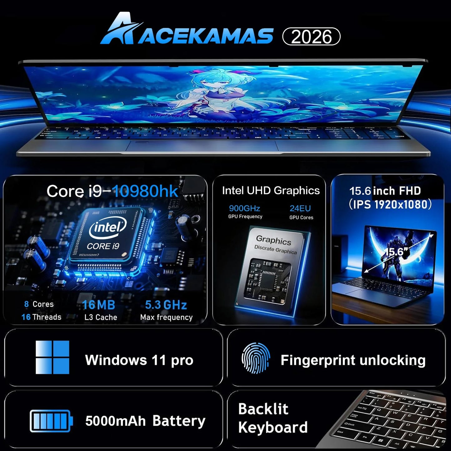 15.6" Gaming Laptop – Intel Core i9-10980HK, 16GB RAM, Up to 2TB SSD, 1080p, Fingerprint Unlock, Windows 11 Pro