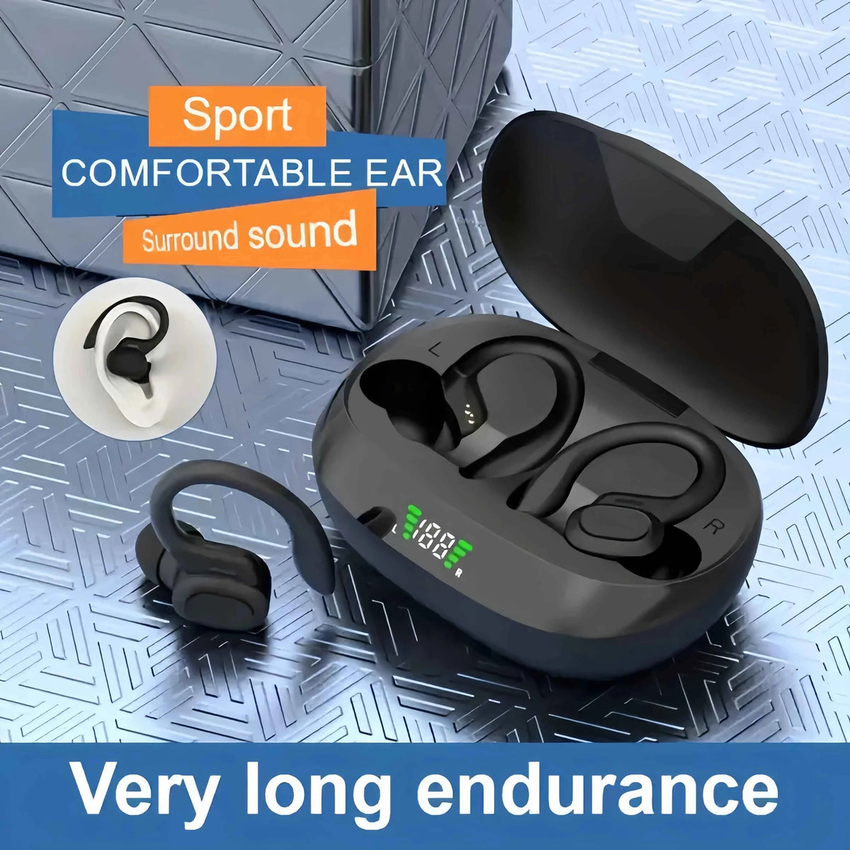 True Wireless Sports Ear Clip Headphones with LED Display