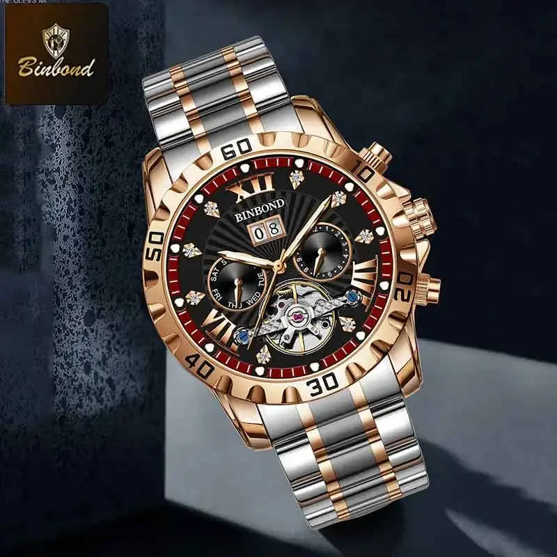 BINBOND Fashion Automatic Mechanical Watch for Men Luxury Tourbillon Skeleton Wristwatch Stainless Steel Waterproof Man Watch