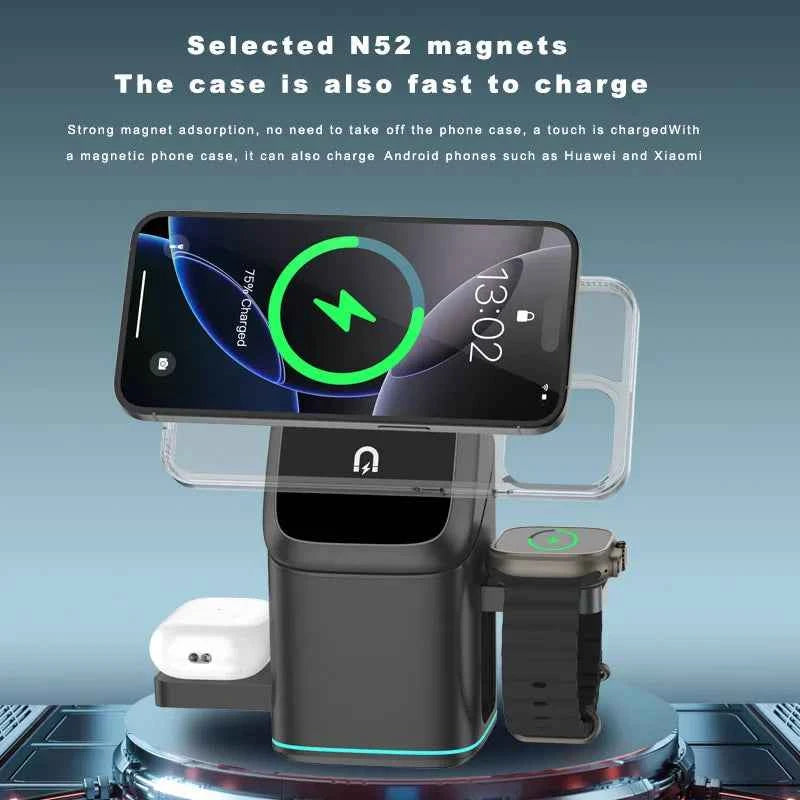 3-in-1 Rotating Magnetic Wireless Charging Station for Phone, Watch & Earbuds