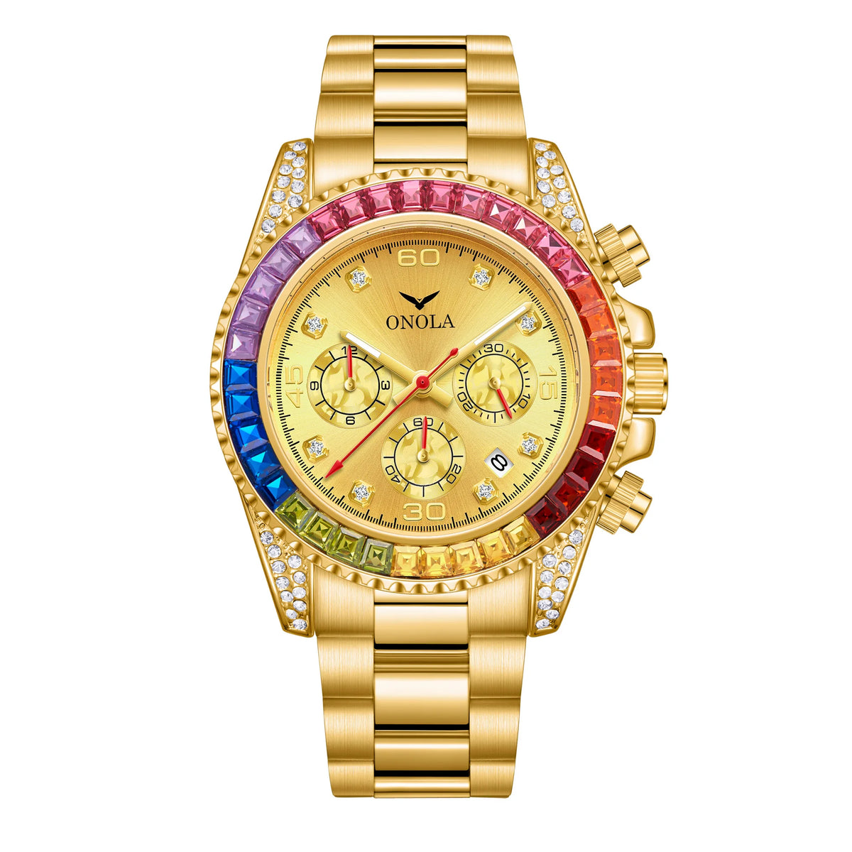 TOP Business Gold Quartz Watch Men's ONOLA Colorful Diamond Stainless Steel with Waterproof Men Watch Clock