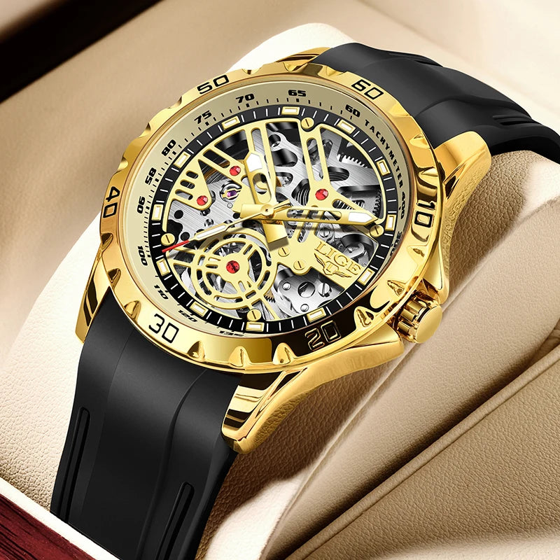 LIGE Fashion Business Mechanical Man Watch Casual Sport Waterproof Silicone Skeleton Tourbillon Luminous Clock Automatic Watches
