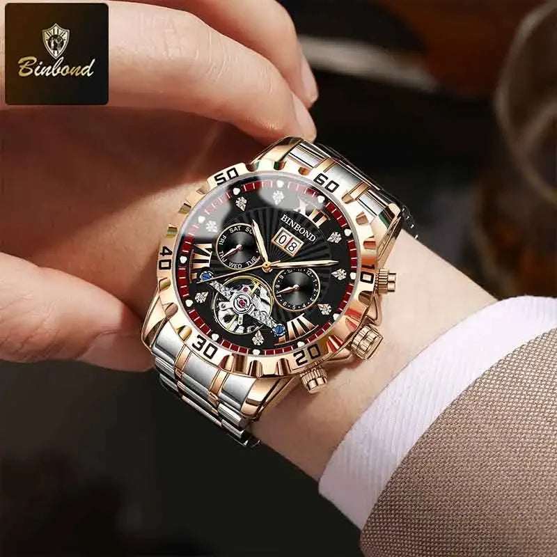 BINBOND Fashion Automatic Mechanical Watch for Men Luxury Tourbillon Skeleton Wristwatch Stainless Steel Waterproof Man Watch