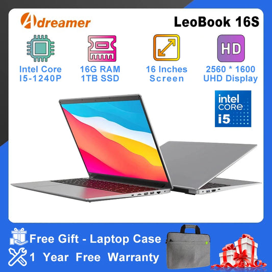Adreamer LeoBook16S 16" Business Laptop – Intel Core i5-1240P, 16GB RAM, 1TB SSD, 2560x1600 IPS, Windows 11
