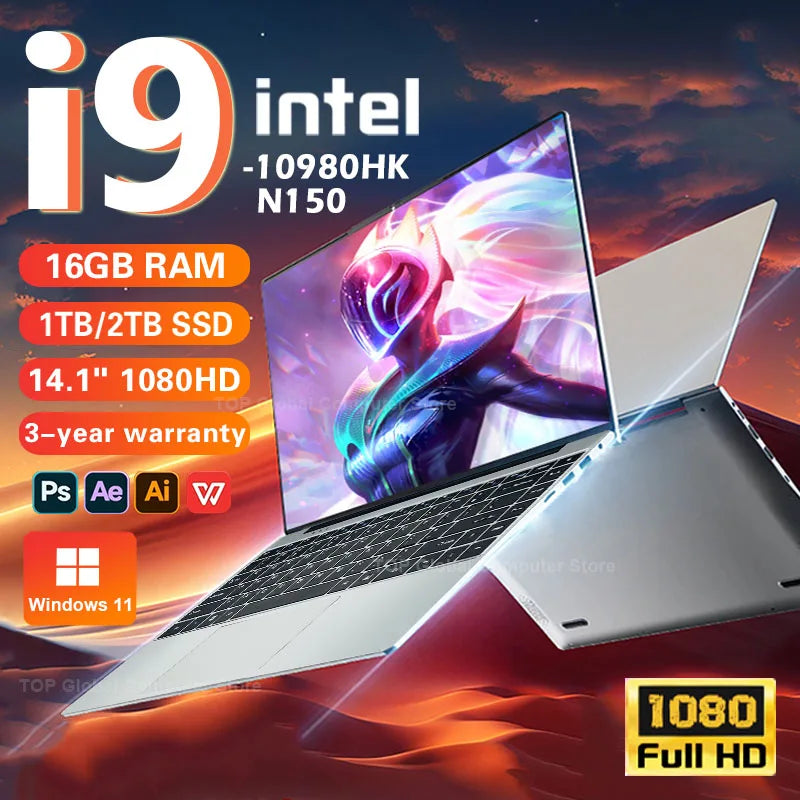 14.1" Portable Laptop – Intel Core i9-10980HK or N150, 16GB RAM, Up to 2TB SSD, 4K, Windows 11 Pro