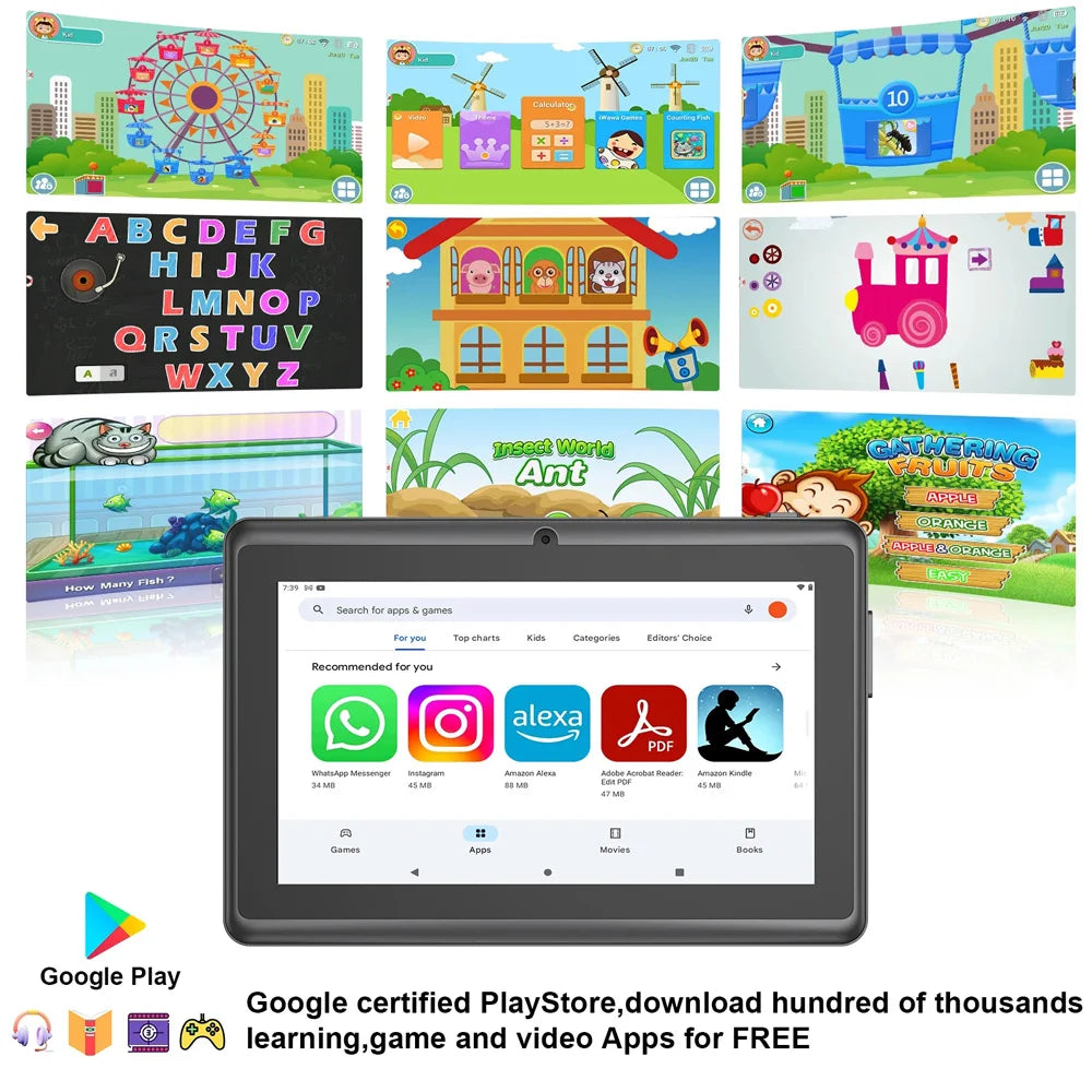 7 Inch IPS Mini Android Smart Tablet, 32GB ROM, 4GB RAM, 2.4Ghz WIFI, Quad-core Processor, Suitable for students, education..