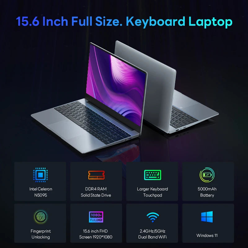BYONE 15.6" IPS Laptop – Intel 11th Gen N5095, 8GB RAM, Windows 11 Pro, Gaming & Office Notebook