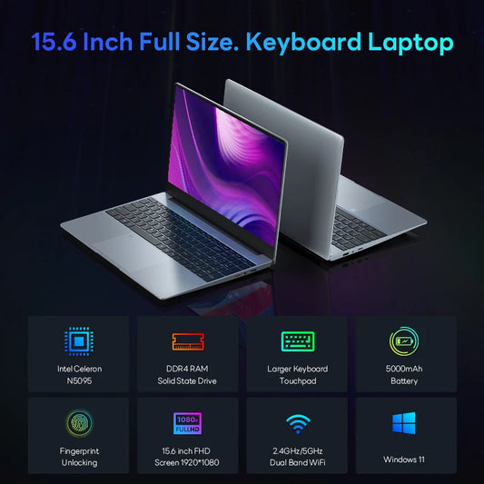 BYONE 15.6" IPS Laptop – Intel 11th Gen N5095, 8GB RAM, Windows 11 Pro, Gaming & Office Notebook