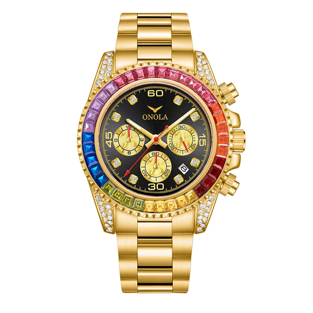 TOP Business Gold Quartz Watch Men's ONOLA Colorful Diamond Stainless Steel with Waterproof Men Watch Clock
