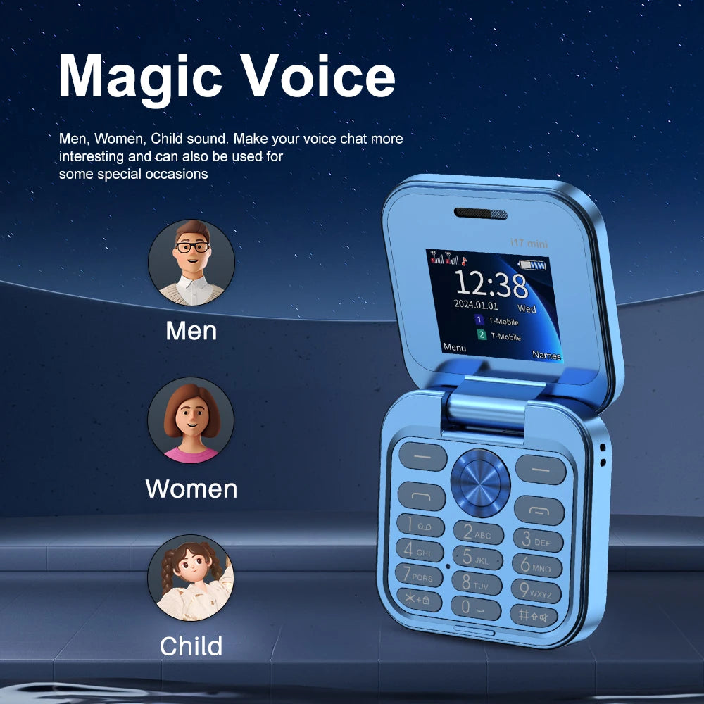 SERVO i17 Mini Flip Phone – 2G GSM, Dual SIM, 1.77" Screen, Magic Voice, Compact Foldable Design
