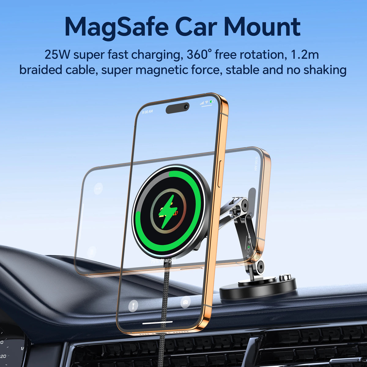 25W Magnetic Wireless Car Charger and Mount for iPhone 17 16 15