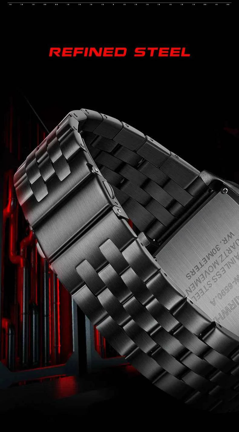 2024 New Mark Fairwhale Cool Black Watch For Mens Luxury Steel Tonneau Clocks Man Fashion Multifunction Quartz Wristwatch Reloj
