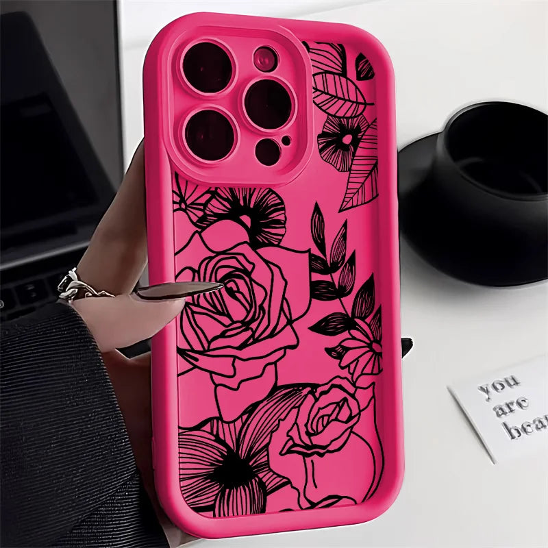 Black Flower Silicone Phone Case – Fits iPhone 7 to 16 Pro Max, XR, X, XS, SE – Soft Protective Cover
