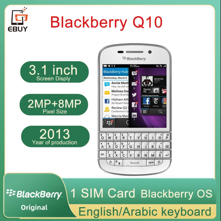 BlackBerry Q10 Unlocked – 4G LTE, 3.1" Display, 2GB RAM, 16GB, 8MP, QWERTY Keyboard
