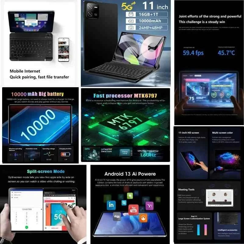 2024 NEW Original Pad 6 PRO Tablet  Android 13 16GB 1T 11 Inch 10000mAh 5G Dual SIM Phone Call GPS Bluetooth WiFi WPS Tablet