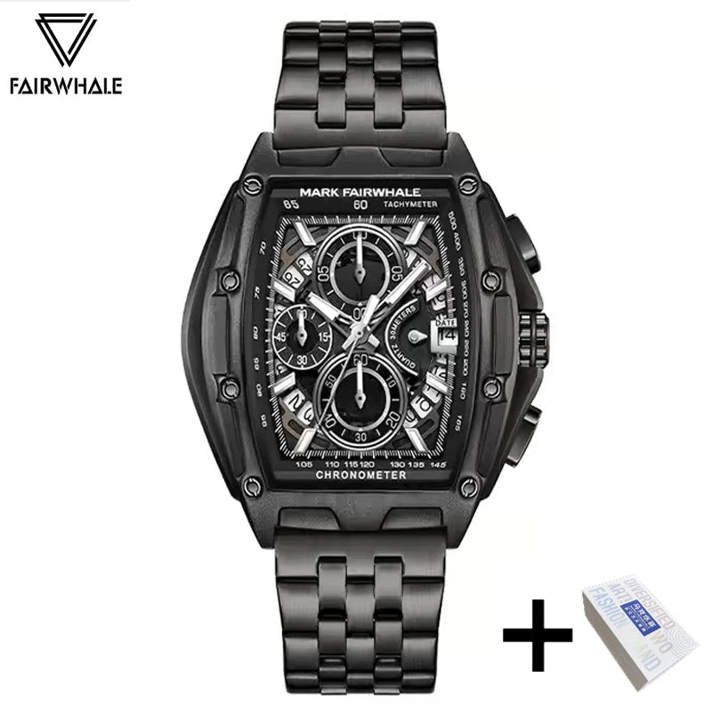 2024 New Mark Fairwhale Cool Black Watch For Mens Luxury Steel Tonneau Clocks Man Fashion Multifunction Quartz Wristwatch Reloj