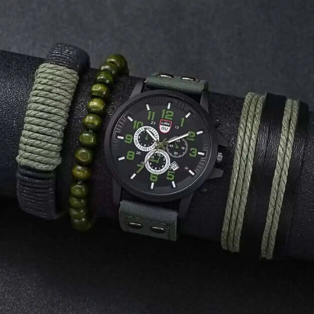 4PCS/Set  Men Sports Calendar Watches Casual Leather Strap Male's Quartz Watch Bracelets Set Reloj Hombre（Without Box）