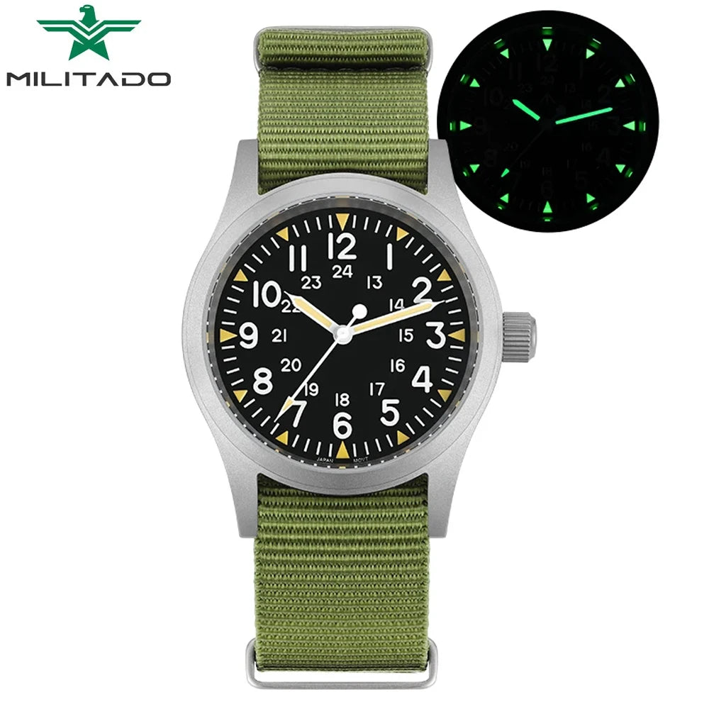 Militado ML05 Vintage Quartz Watch 38mm Watches VH31 Movement Watches Domed Sapphire Crystal With High Clear AR Coating Luminous