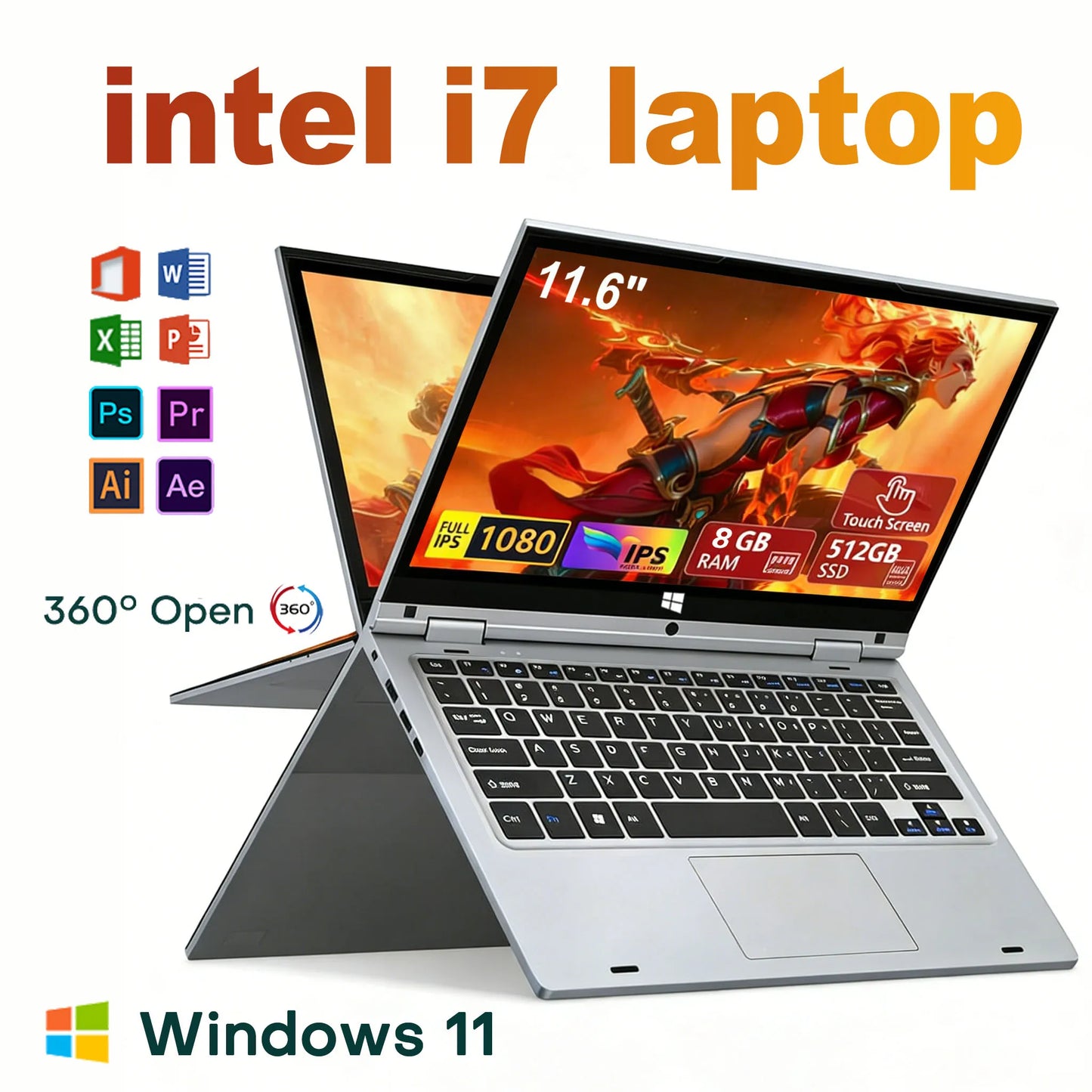 2-in-1 Touch Screen Laptop 11.6" – Intel i7-8500Y, 8GB RAM, 1TB SSD, 360° Flip, Windows 11, Tablet PC