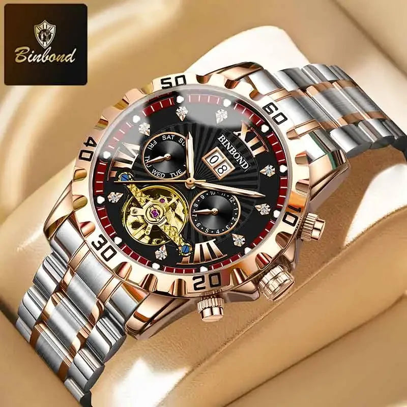 BINBOND Fashion Automatic Mechanical Watch for Men Luxury Tourbillon Skeleton Wristwatch Stainless Steel Waterproof Man Watch