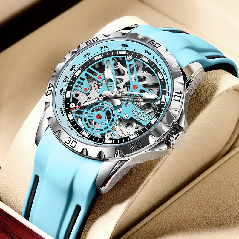 LIGE Fashion Business Mechanical Man Watch Casual Sport Waterproof Silicone Skeleton Tourbillon Luminous Clock Automatic Watches