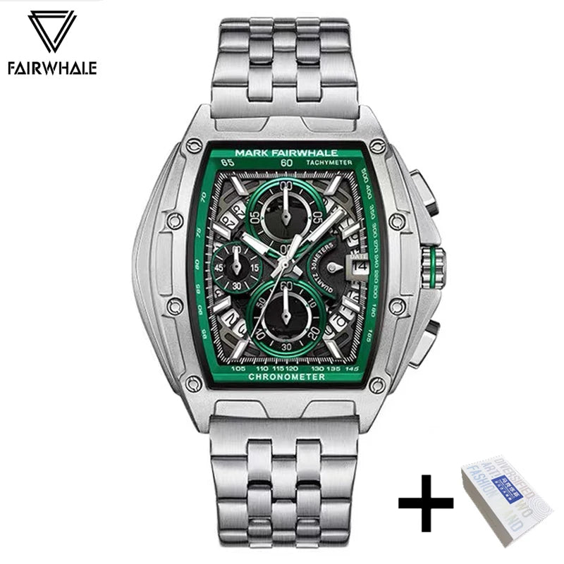 2024 New Mark Fairwhale Cool Black Watch For Mens Luxury Steel Tonneau Clocks Man Fashion Multifunction Quartz Wristwatch Reloj