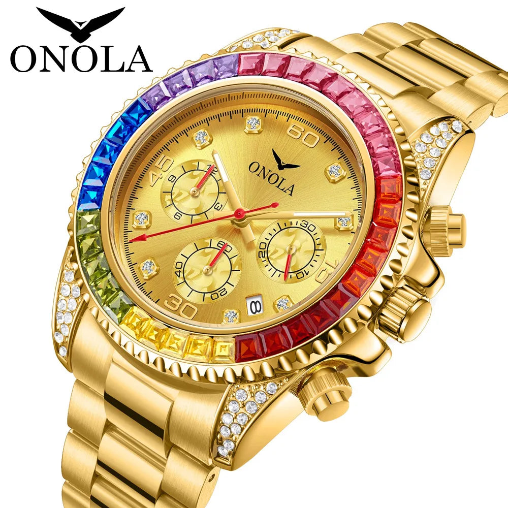 TOP Business Gold Quartz Watch Men's ONOLA Colorful Diamond Stainless Steel with Waterproof Men Watch Clock