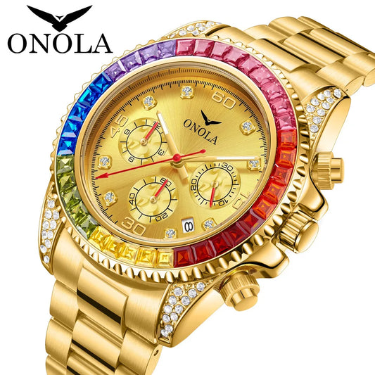 TOP Business Gold Quartz Watch Men's ONOLA Colorful Diamond Stainless Steel with Waterproof Men Watch Clock