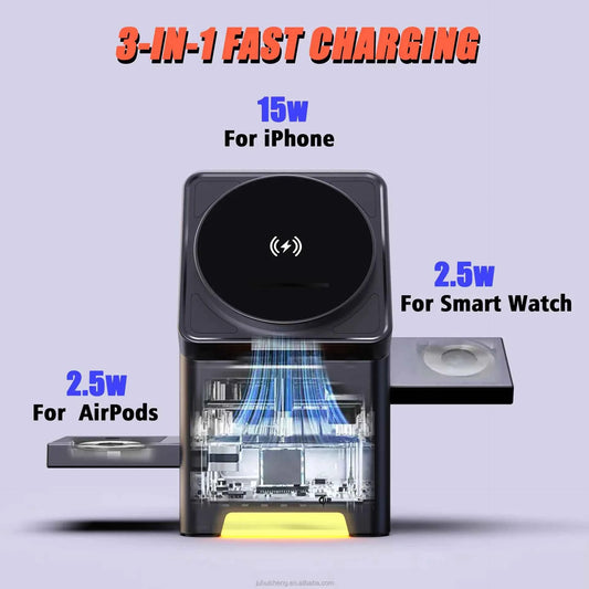 3-in-1 Auto-Rotation Magnetic Cube Wireless Charging Station for iPhone, iWatch & AirPods