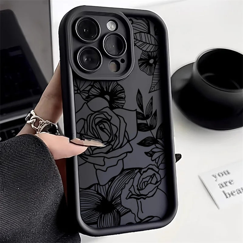Black Flower Silicone Phone Case – Fits iPhone 7 to 16 Pro Max, XR, X, XS, SE – Soft Protective Cover