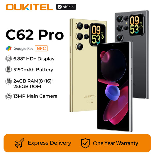 OUKITEL C62 Pro – Android 15, 6.88" HD+, Unisoc T615, 24GB RAM, 256GB, 5150mAh, NFC Smartphone