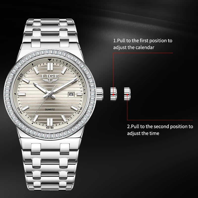 LIGE 2026 new simple men's watch fashion stainless steel Top luxury clock calendar luminous waterproof watches for men reloj+BOX