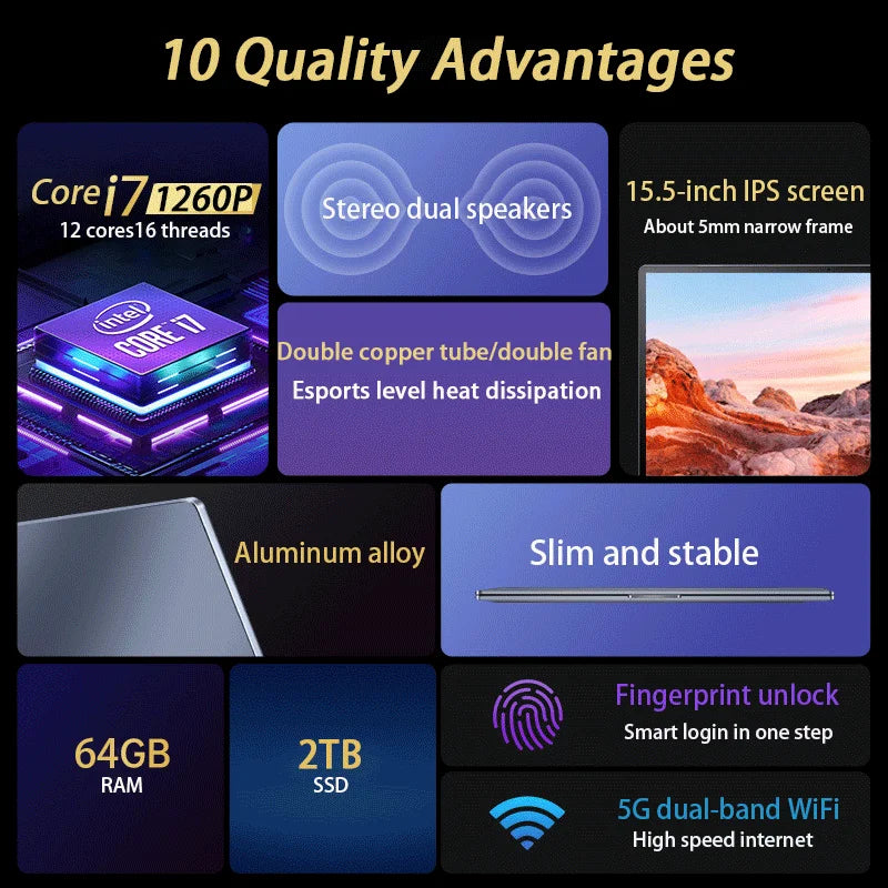 15.6 Inch Laptop Intel Core i9-12900H/i7-1255U Windows 11 Por 2*DDR4 64GB 2*M.2 2TB SSD Ultrabook Computer Fingerprint Unlock