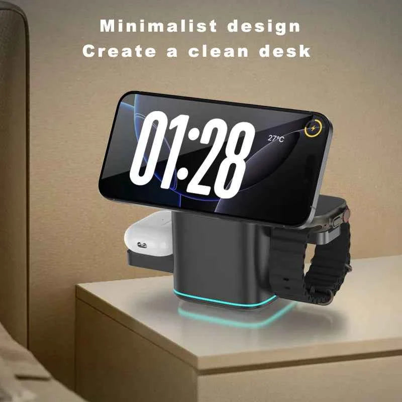 3-in-1 Rotating Magnetic Wireless Charging Station for Phone, Watch & Earbuds