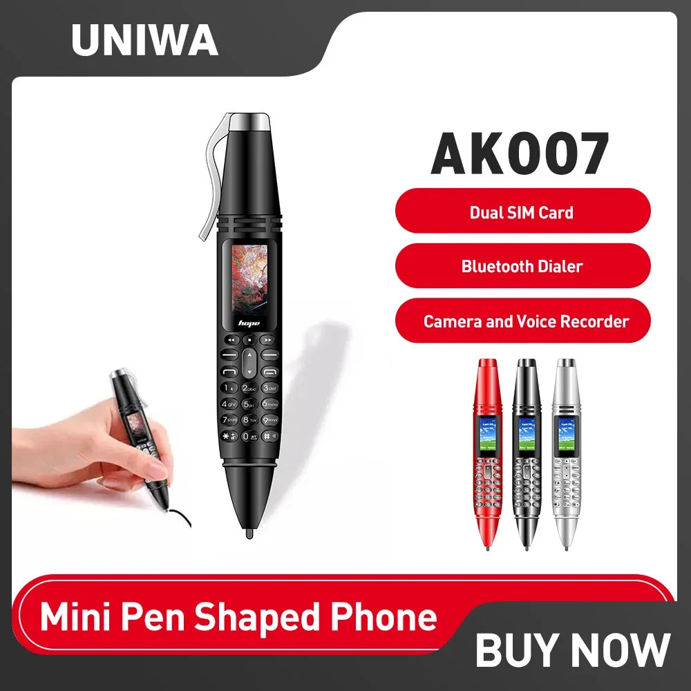 UNIWA AK007 Mini Pen Phone – 2G GSM, Dual SIM, 0.96" OLED, Bluetooth Dialer, FM Radio, Magic Voice