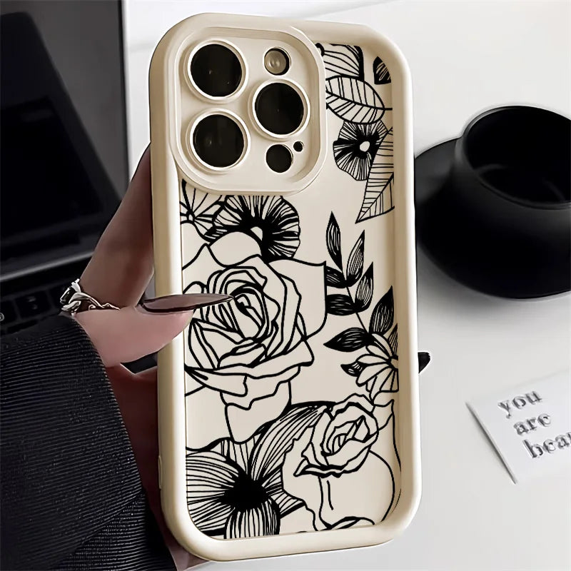 Black Flower Silicone Phone Case – Fits iPhone 7 to 16 Pro Max, XR, X, XS, SE – Soft Protective Cover