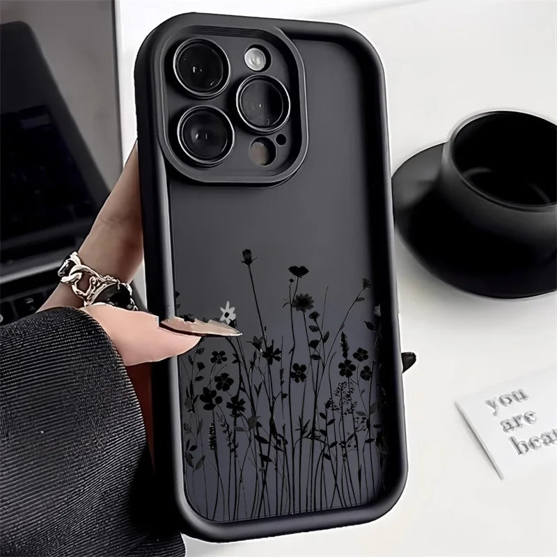 Black Flower Silicone Phone Case – Fits iPhone 7 to 16 Pro Max, XR, X, XS, SE – Soft Protective Cover