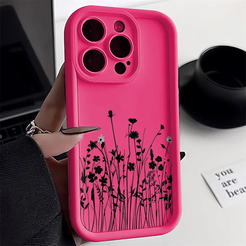 Black Flower Silicone Phone Case – Fits iPhone 7 to 16 Pro Max, XR, X, XS, SE – Soft Protective Cover